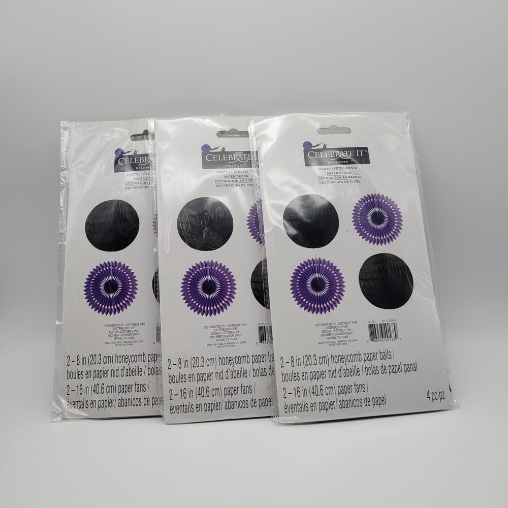 12 PCS Purple Paper Fans Black Honeycomb Balls Tissue Pom Poms for Party Decor