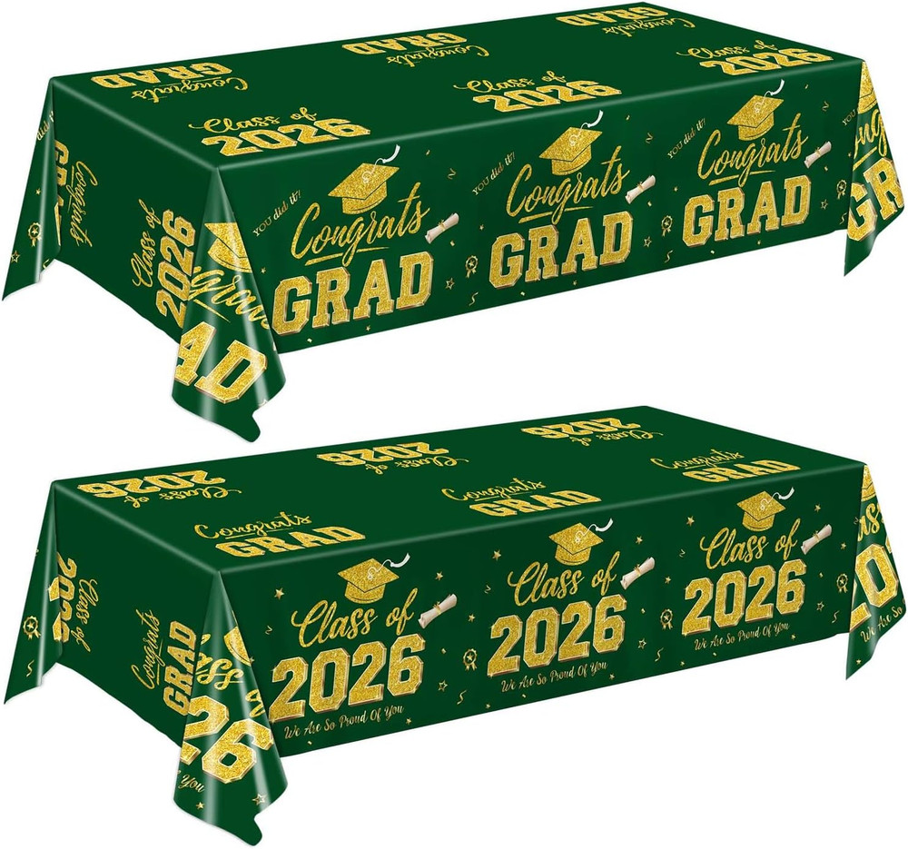 Graduation Decorations 2026 Green and Gold Graduation Tablecloths 2 Pack Congr