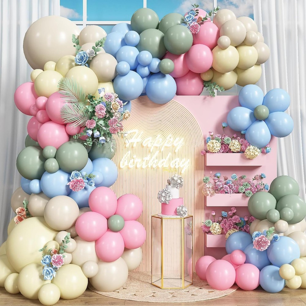 Pastel Pink, Green & Blue Balloon Garland Arch Kit – 180-Piece Sage, Pink, Bl…
