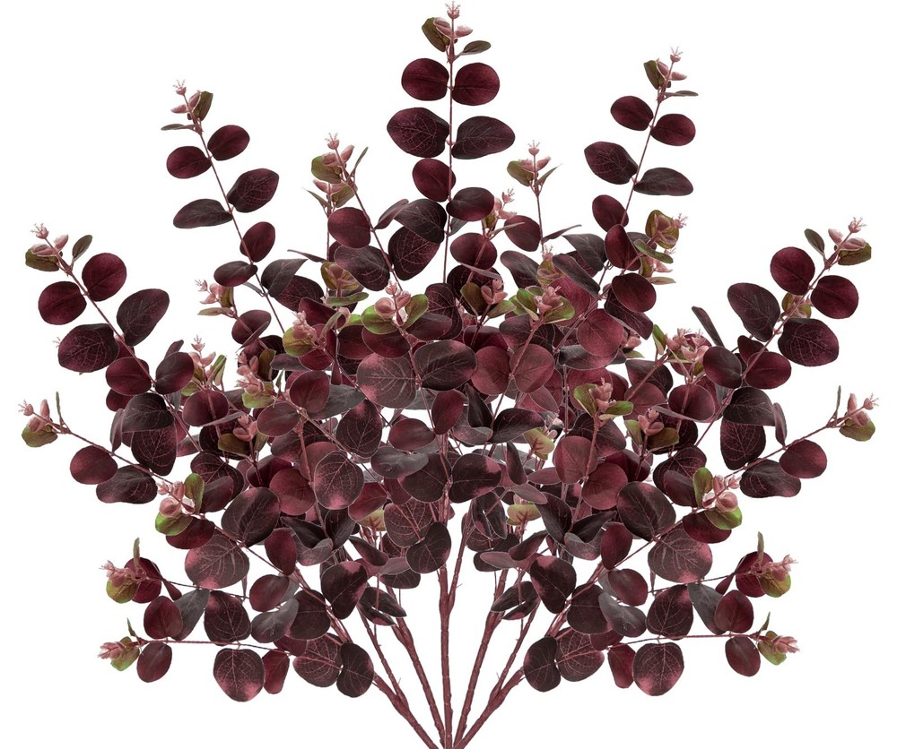 GnFlus 5 Pcs Artificial Eucalyptus Stems 30″ Fake Silk Plants for Burgundy