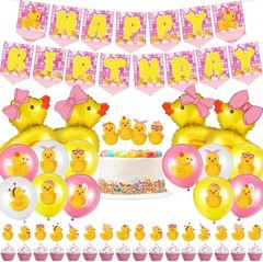 57 Pcs Pink Duck Birthday Decorations Balloons Party Happy Birthday Banner Ca…