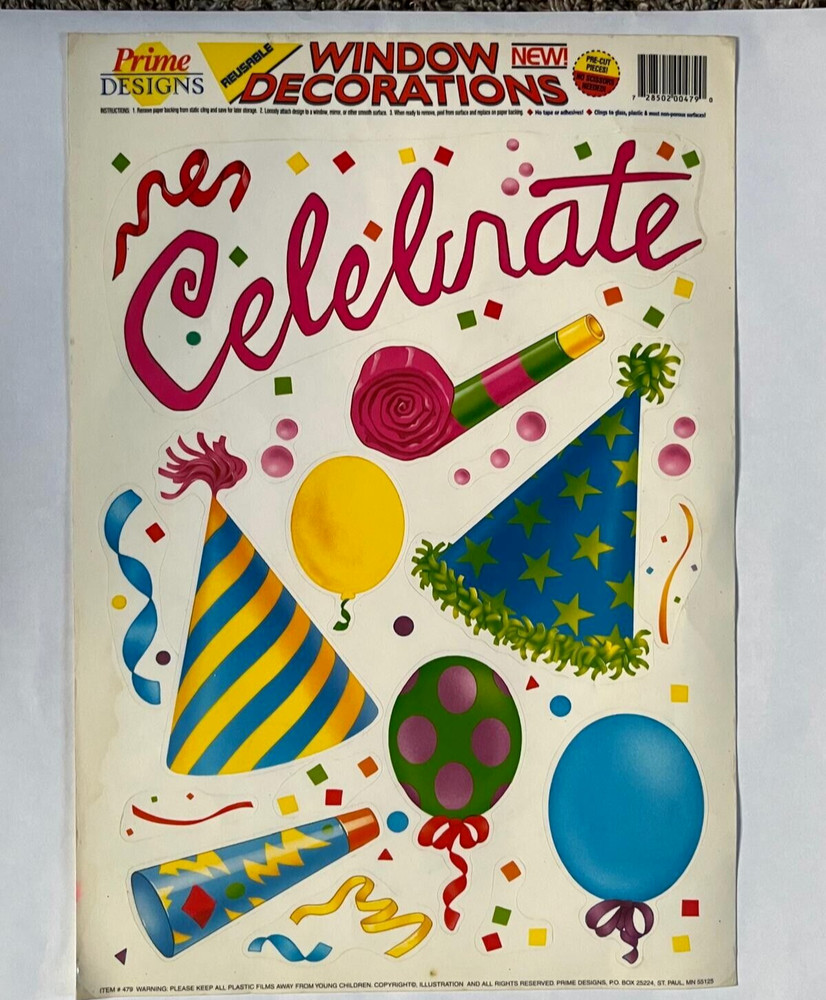 Party window clings, “Celebrate”, from Prime Designs, Reusable, NOS