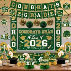 Green and Gold Graduation Decorations 2026 Set, All-in-1 Kit with Congrats Grad
