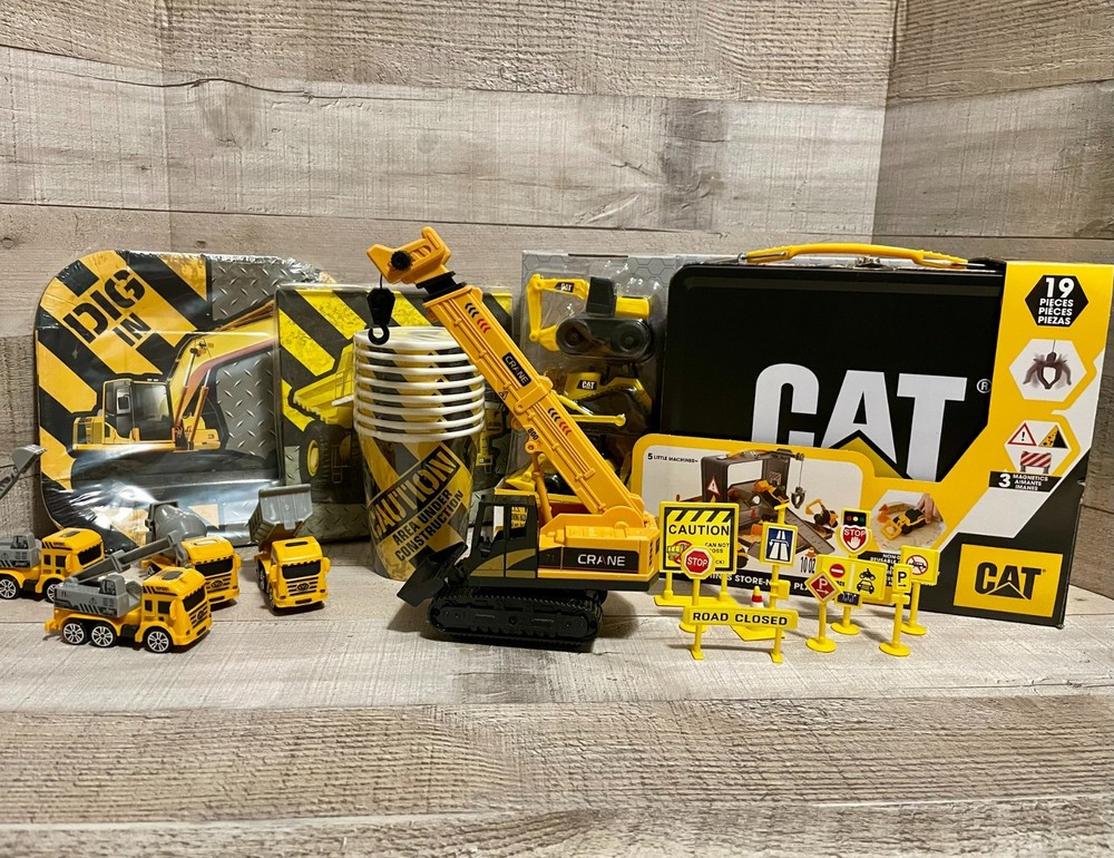 CAT Construction Trucks Little Machines Birthday Party Toppers w/ Plates & Cups