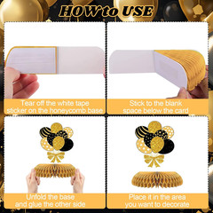 12PCS Happy New Year 2026 Honeycomb Centerpieces – Black Gold NYE Decor