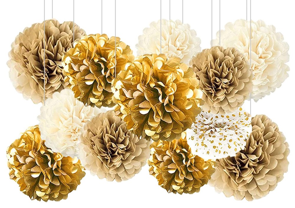 12 PCS Gold White Hanging Tissue Paper Pom Poms for Wedding Birthday Party