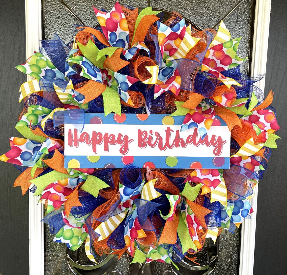 Happy Birthday Balloon Party Front Door Deco Mesh Wreath Gender Neutral