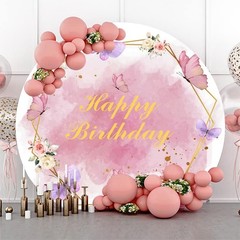 7.2×7.2ft Polyester Butterfly Floral Birthday Round Backdrop Cover Pink Purple