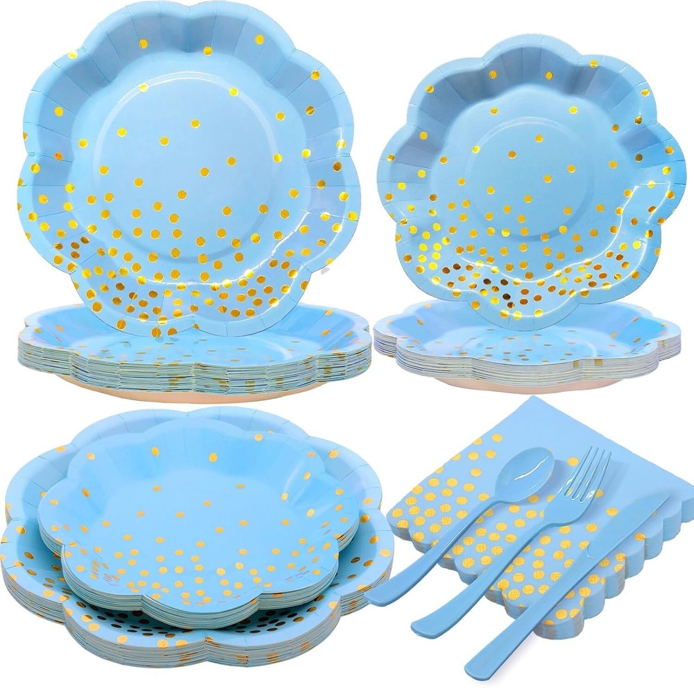 Blue & Gold Polka Dot Disposable Tableware Set (Plates, Napkins, Forks)