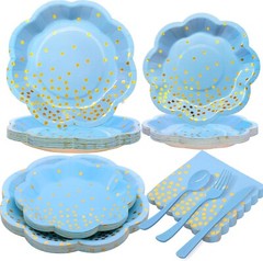 Blue & Gold Polka Dot Disposable Tableware Set (Plates, Napkins, Forks)