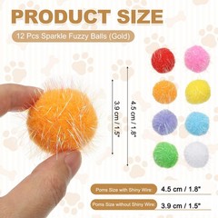 12 Pcs 1.8 Inch Sparkle Flash Balls Pet Cat Pom Pom Fuzzy Balls, Gold