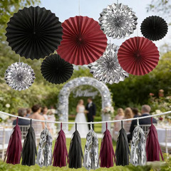 24PCS Maroon Decorations Burgundy Black Silver Party Decor Tassel Garland Banner