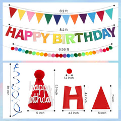 Pre Strung Happy Birthday Banner Set – Felt Ball Garland, Felt Birthday Hat and