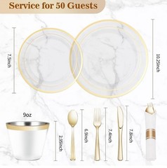 350PCS Gold Plastic Dinnerware Set, Disposable Party Plates for 50 Guests…R1W2