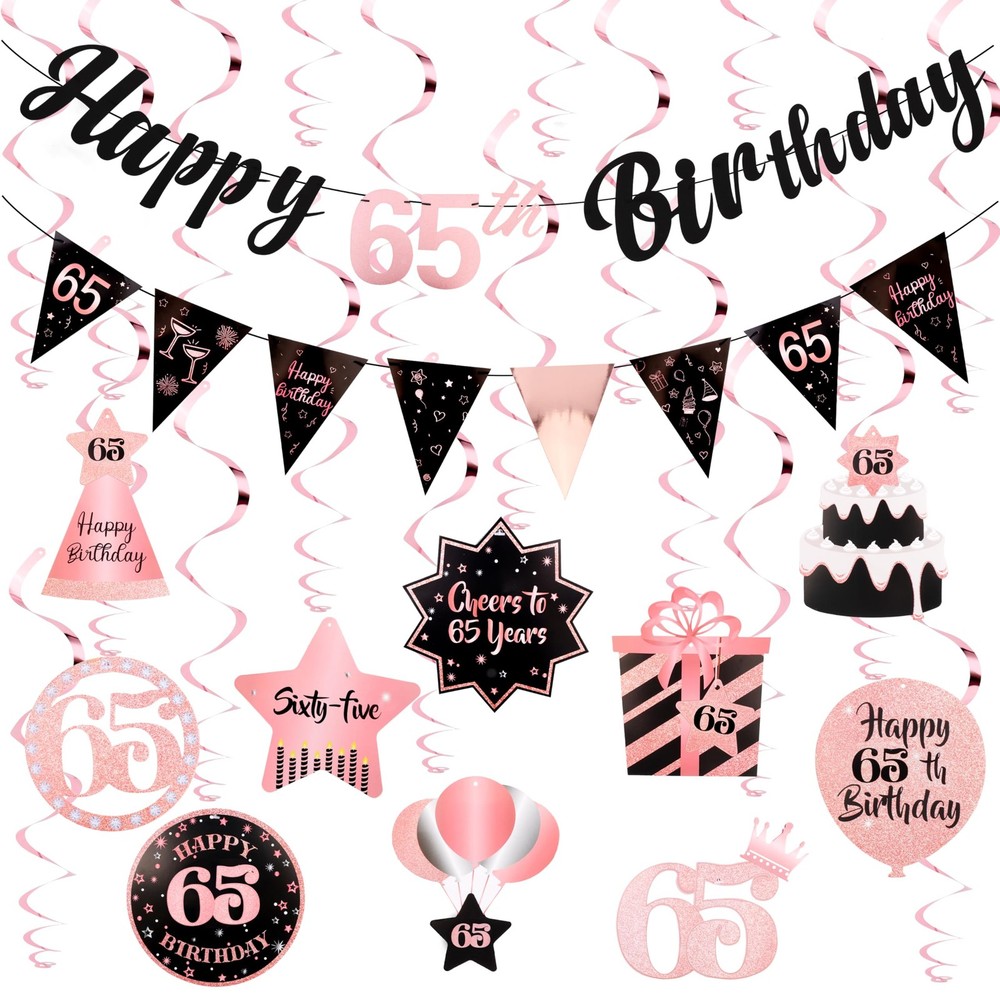 65th Birthday Decorations for Women Rose Gold Banner & Hanging Swirls