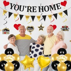 Welcome Home Decorations – Black Gold Party Banner, We Missed You Sign, Family R