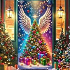 Christmas Tree Front Door Coverss Wrap Xmas Holiday House Hanging Banner Wint…
