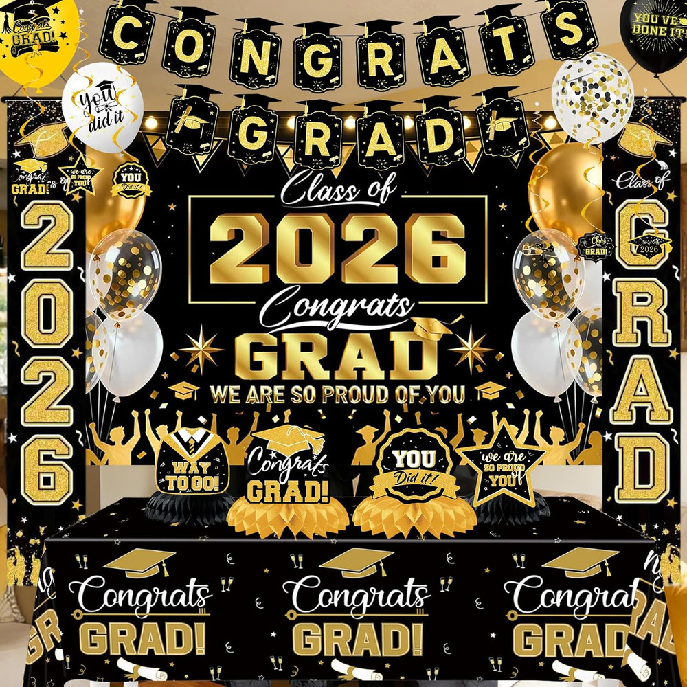 Graduation Decorations 2026 Set – Congrats Grad Banner, Class of 2026 Backdrop