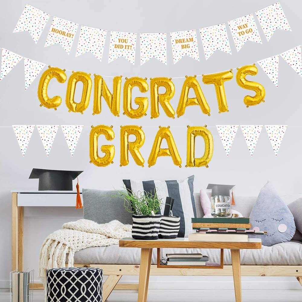 DAZONGE Congrats Grad Graduation Party Balloons & Banner – White and Gold – New