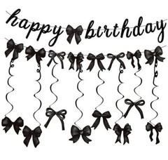 Black Bow Happy Birthday Banner Garland and Hanging Swirls for Girl Black Bow