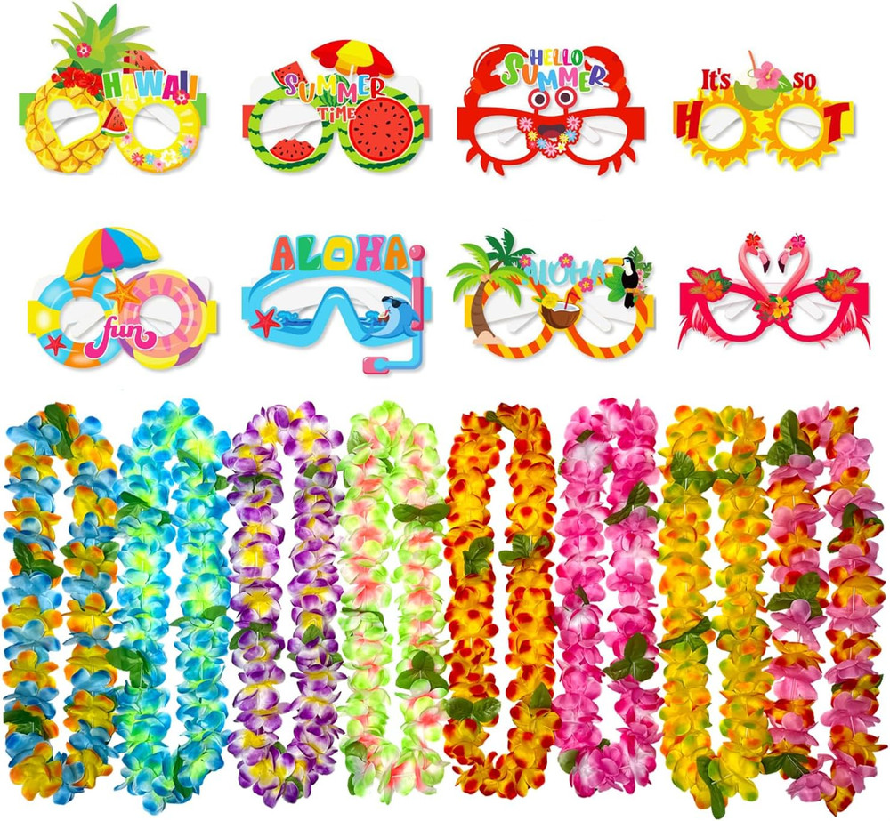 GoodUping 16pcs Hawaiian Leis Party Set with 8 Necklaces and 8 Photo Booth Glass