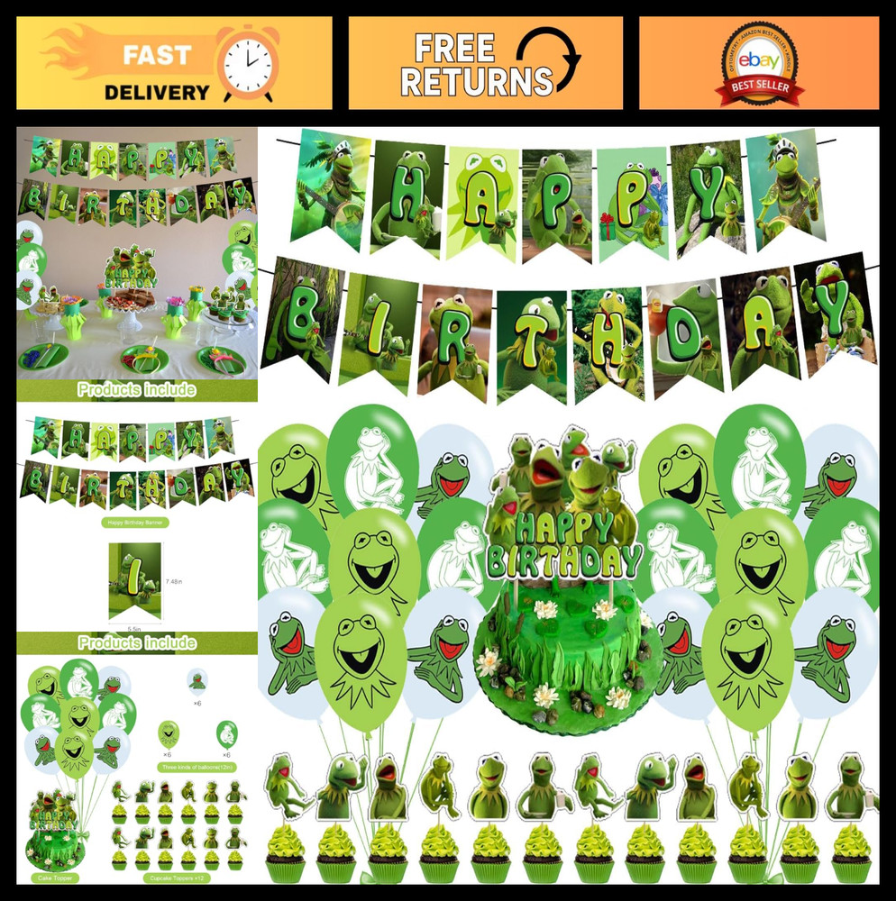Frog Party Decorations – Kermit Birthday Supplies, Banner, Cake Topper, 24 Cupca