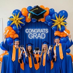 Orange and blue Graduation Balloon Garland Arch Kit with foil star crown grad…