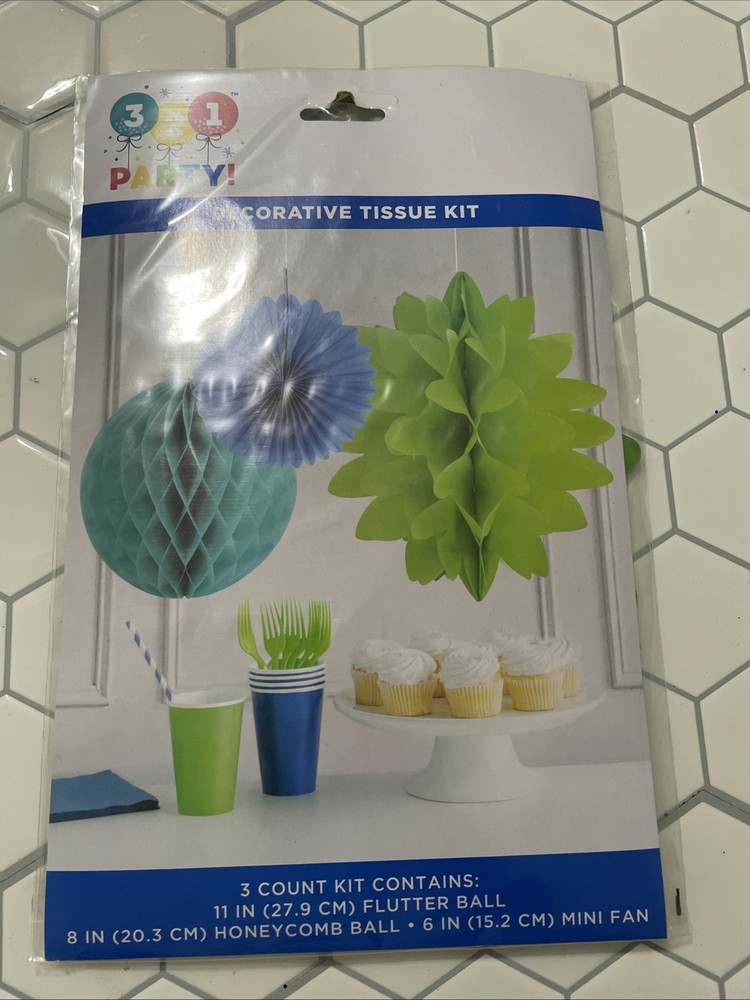 321 Party 3 Count Decorative Tissue Kit Flutter, Honeycomb Ball Mini Fan Teal