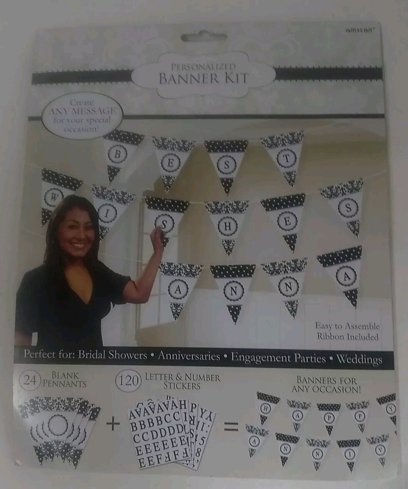 Party Banner Kit Personalized Amscan Black White Polka Dots Floral Scroll Create