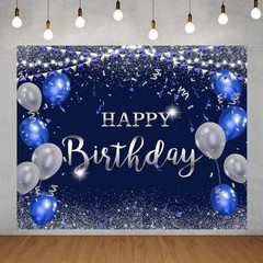 Navy Blue and Silver Happy Birthday Backdrop 10x8ft for Women Men Girls Boys