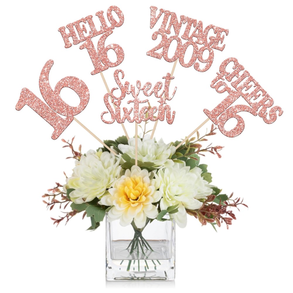 15 Pack Glitter Double Sided Sweet 16 Birthday Anniversary Centerpiece Sticks