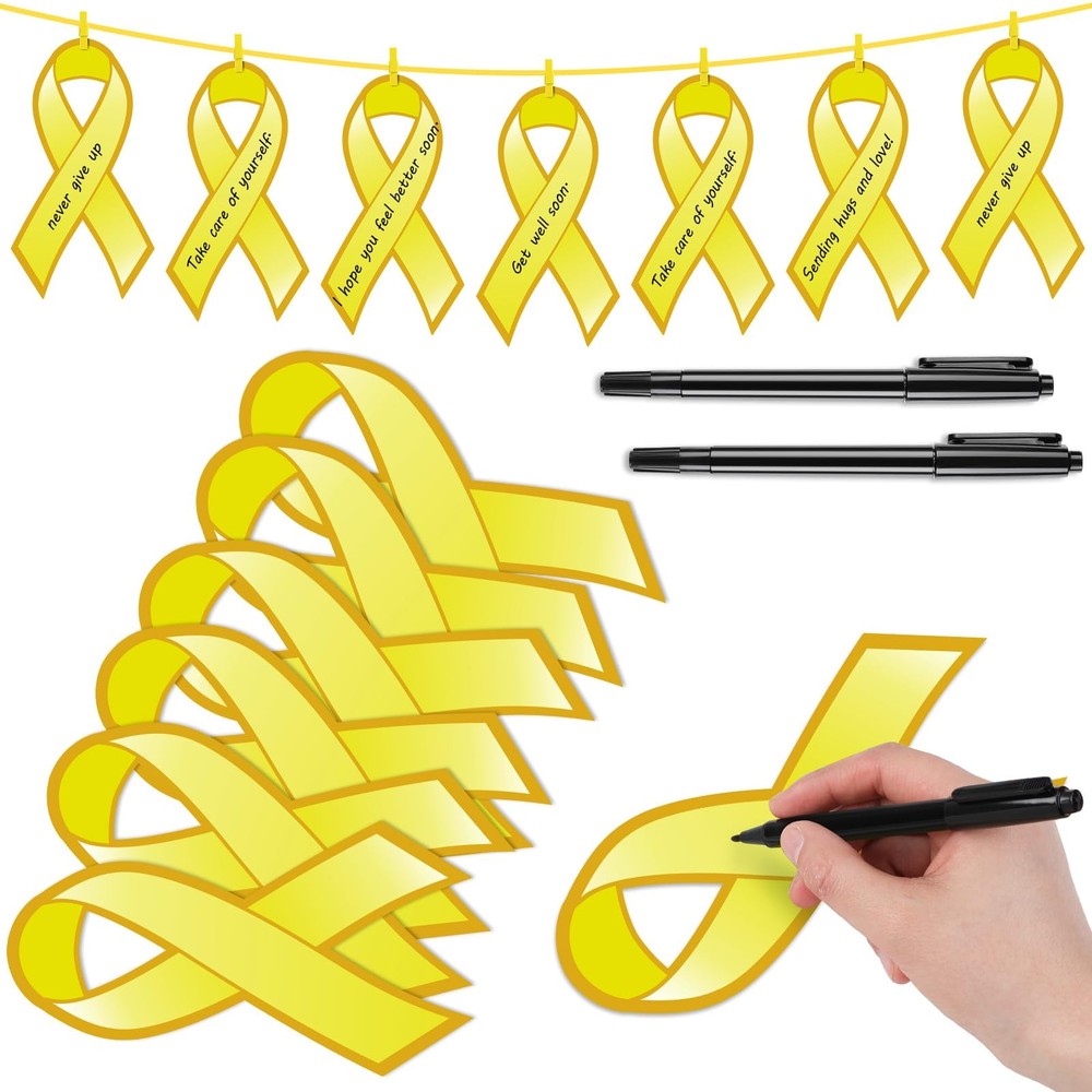 100 PCS Large Gold Ribbon Cutouts 2 Markers 100 Clips Childhood Cancer Rope