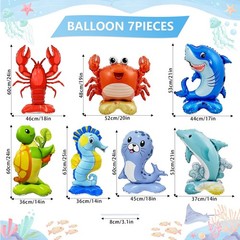 7 Pcs Ocean Animal Balloons – Standing Turtle Seahorse Dolphin Shark Crab Lob…