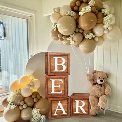 Brown Baby Balloon Boxes with 27 Letters – 4 Pcs Wooden Grain Baby Shower Blo…