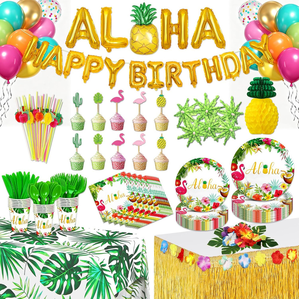 327 PCS Luau Party Decorations Set Serve 25, Hawaiian Birthday Party Supplies De