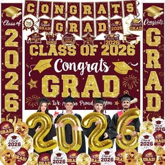 Graduation Decorations Class of 2026 – Maroon and Gold Graduation Party Suppl…