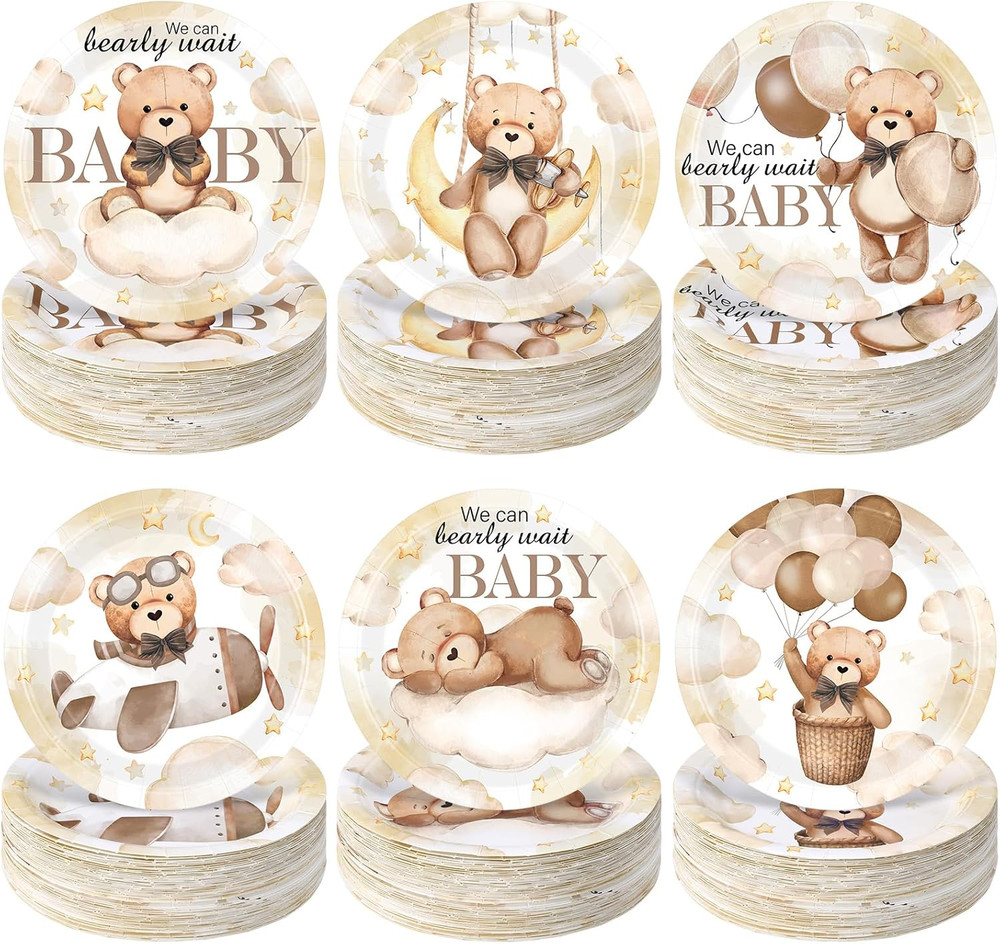 60 Pcs Bear Baby Shower Decorations 7 Inch Brown Bear Paper Plates We Can Wait P