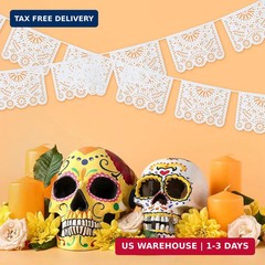MARFOREVER White Papel Picado Banner, 33 Ft Cinco De Mayo Plastic Mexican Flag B