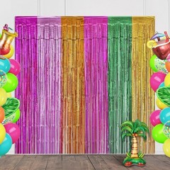 Hawaiian Luau Party Decoration Foil Fringe Curtain Tropical Beach Backdrop 4pack