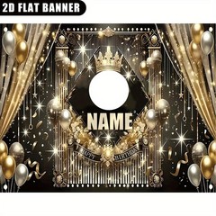 1pc 2D Golden Crown Theme Personalized Custom Birthday Banner Backdrop Decor♪