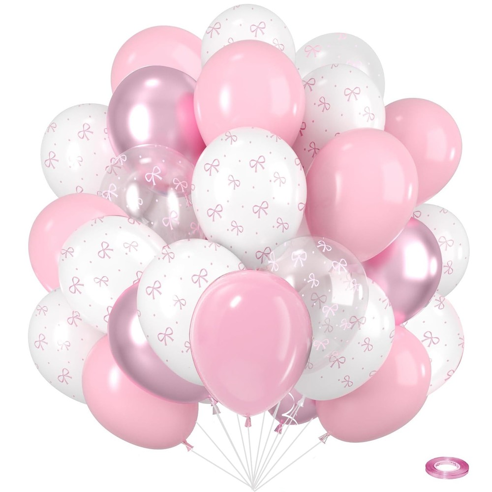 50Pcs Pink & White Bow Balloon Set, 12Inch Latex Balloons,Perfect for Birthda…