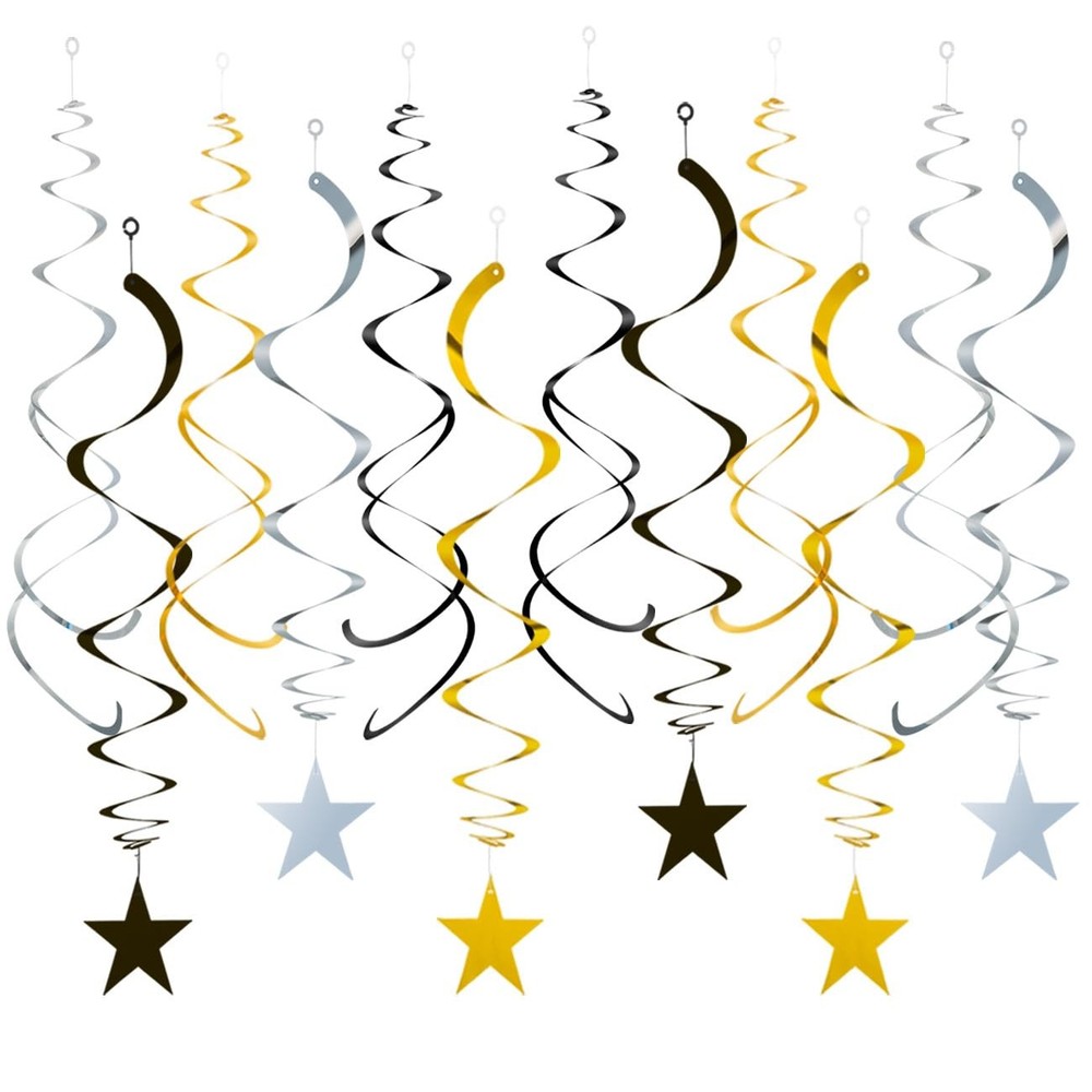 Black Gold and Silver Foil Hanging Ceiling Swirls Garland,Star Swirl Streamer…