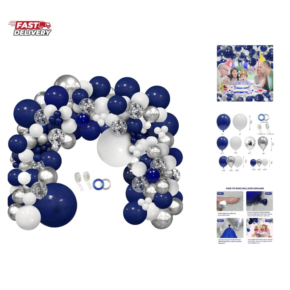 148pcs Navy Blue Silver Balloons Garland Kit, Royal Blue Silver White Confett…