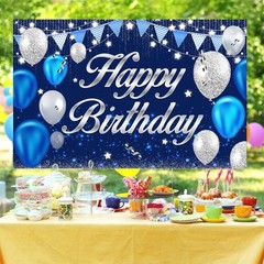 Birthday Party Banner, Theme Decor For Men Women, Blue Silver