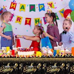 Happy Birthday Decorations – Gold and Black Tablecloth, Rectangle Plastic Dispos