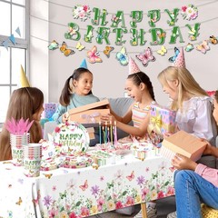 Flower Birthday Decorations, 170Pcs Butterfly Floral Pink, Green