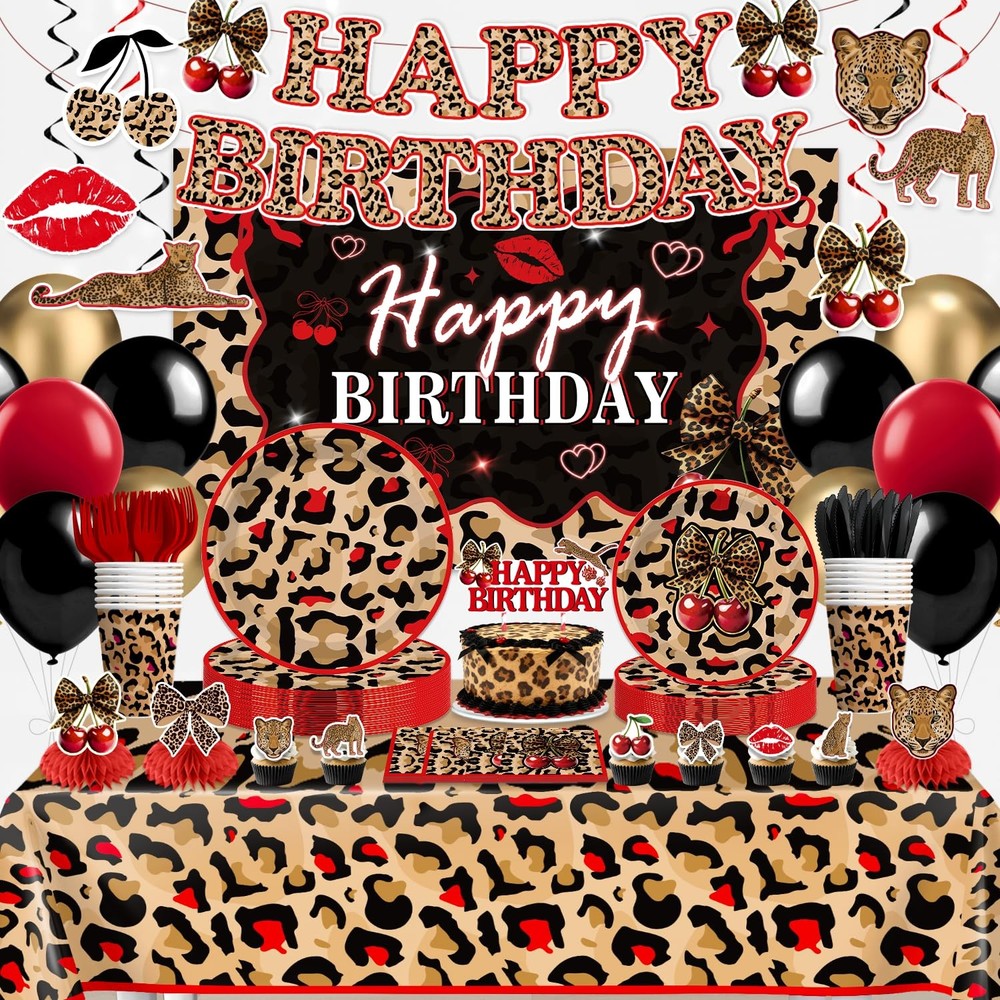 208PCS wellspar Cheetah Print Birthday Decorations Tableware Set, 25 Guests