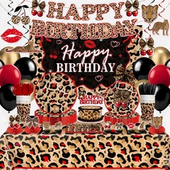 208PCS wellspar Cheetah Print Birthday Decorations Tableware Set, 25 Guests