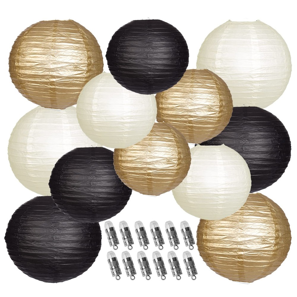 Paper Lanterns Decorative, Black Gold Hanging Round Chinese Lanterns with Lights