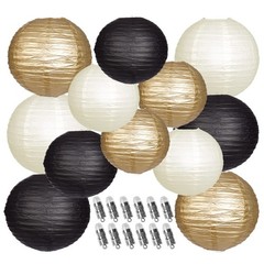 Paper Lanterns Decorative, Black Gold Hanging Round Chinese Lanterns with Lights